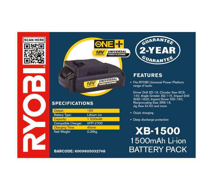 Ryobi Battery Pack One Plus 18 V XB1500 Builders Tools and
