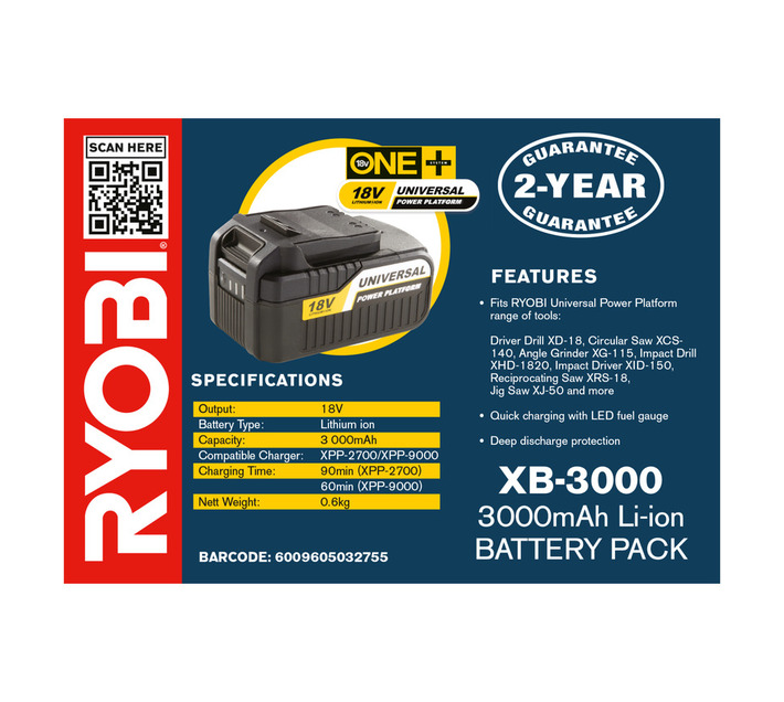 Ryobi Battery Pack One Plus XB3000 18 V Builders Tools and